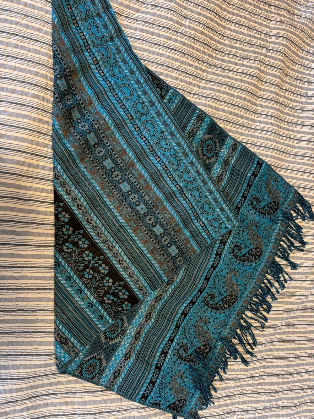 Teal and Black Paisley Fringe Throw - Home Accents
